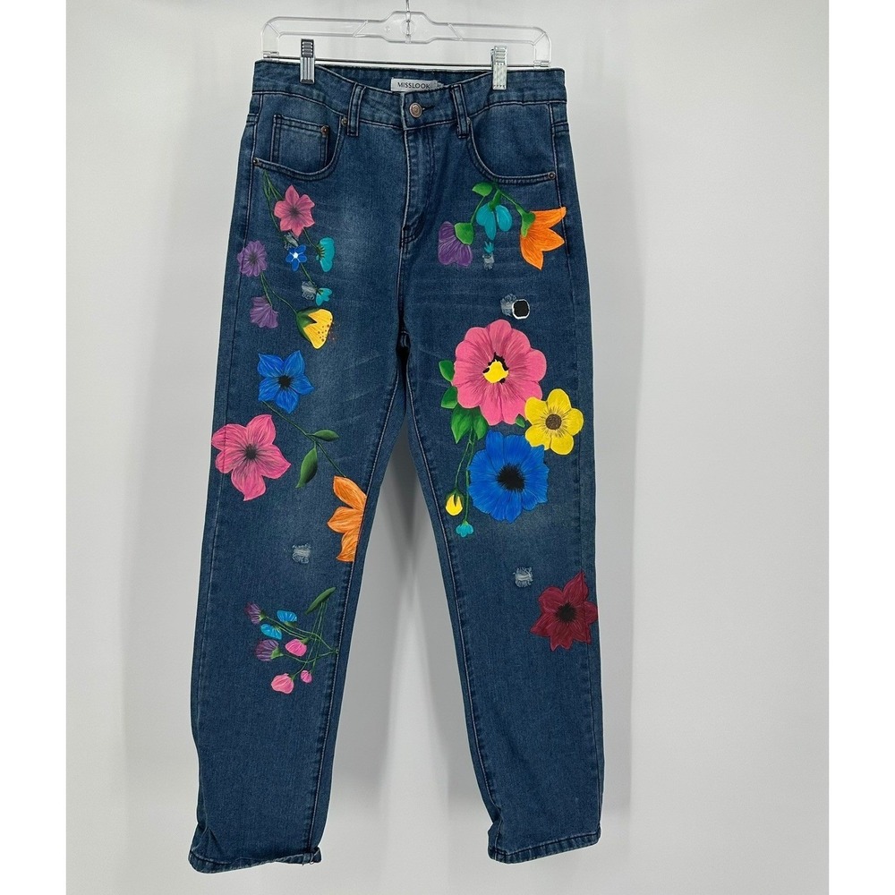 Womens Boho Whimisical Floral Painted Straight Leg Jeans Size M Garden Colorful